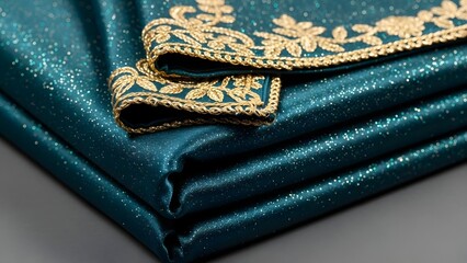 A stack of folded teal fabric with gold embroidery on top