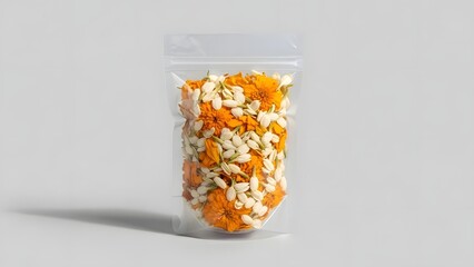 A clear plastic bag filled with a mix of orange and white flower petals