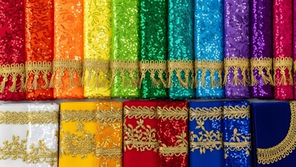 A vibrant display of colorful fabrics with intricate gold embroidery patterns