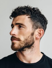 Obraz premium Portrait of a serious caucasian man with a beard looking away, casual close-up for mens fashion and grooming concept.