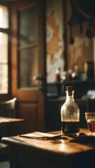 Fototapeta premium Vintage Glass Bottle with Dark Liquid and Cork Stopper on a Sunlit Rustic Table