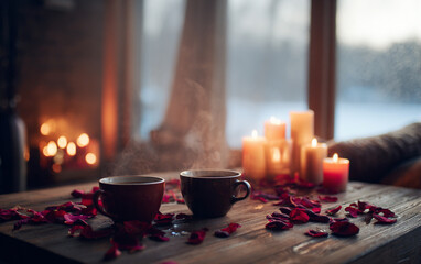Flat Lay of Heart-Shaped Roses, Vintage Letters, Coffee, and Candle on Wood