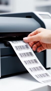 Close Up of Hand Removing Printed Barcode Label Strip From Thermal Printer