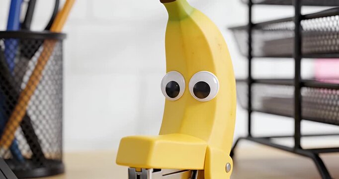 April Fools Concept: A unique banana-shaped stapler with toy eyes sits on an office desk among other stationery supplies.