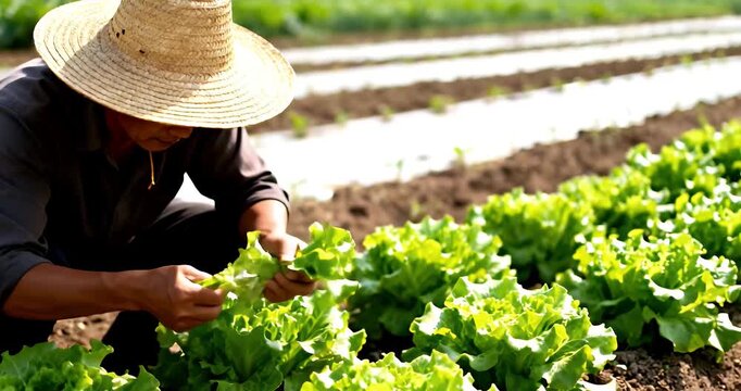 A farmer wearing a straw hat carefully inspects fresh green lettuce growing in neat rows on a sunny agricultural field.