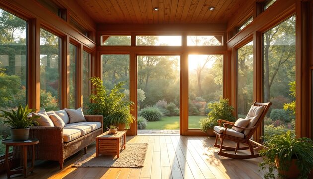 Interior of sunroom with wicker furniture, plants, and large windows. Bright sunlight streams in, offering a garden view. Offers natural light and relaxation space. A cozy haven.
