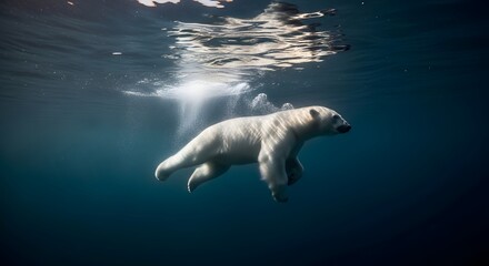 Naklejka premium A polar bear swims underwater in the Arctic ocean with sunlight shining through