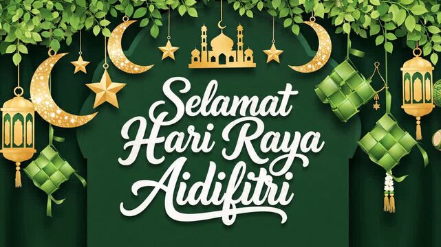 Joyful Hari Raya Aidilfitri greeting card design with hanging golden moons, ketupat, and mosque details. Ideal for cultural celebration backgrounds and digital banners.