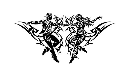 Obraz premium Black tribal silhouette of swing dancing couple for retro music and vintage party design