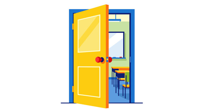 Open yellow classroom door revealing school interior for education and back to school concept