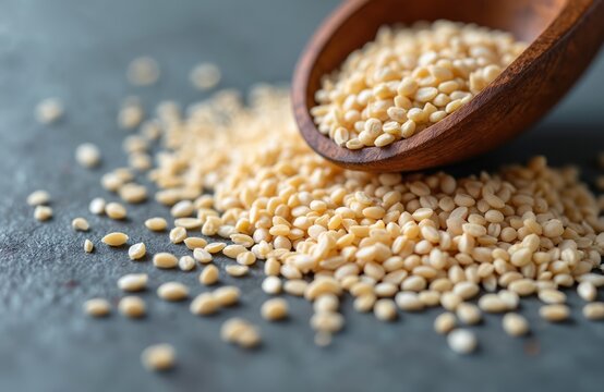 Amaranth groats spill from a wooden spoon onto a dark surface. This tiny pseudo cereal grain is a popular superfood for healthy eating and cooking.