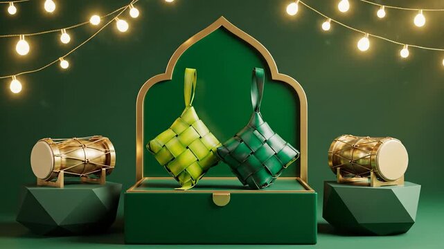 Festive Eid Mubarak celebration display featuring two green ketupat and golden drums on geometric podiums, perfect for holiday greetings and cultural promotions.