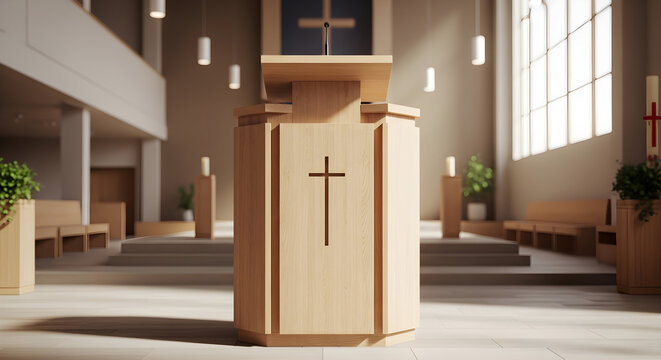 Wooden Church Pulpit with Cross in Modern Christian Interior