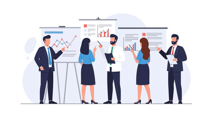 Obraz premium Business Team Discussing Growth Charts on Presentation Boards