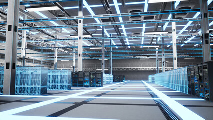 Naklejka premium Maintenance, system upgrades and AI hardware mainframes in data center, digital twin scanning. Blue VFX diagnostic scan of server cabinets used for system health check and operational uptime
