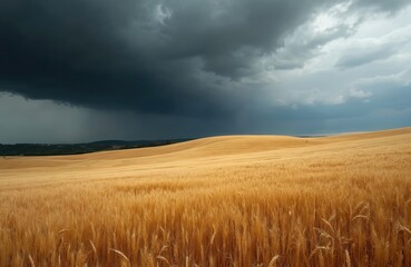 Obraz premium Golden wheat field under dark, dramatic storm clouds. Ripe crop bends under impending rain on rolling hills. Nature power contrasts with serene rural landscape before tempest.