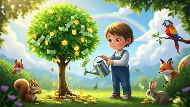 A joyful child waters a money tree surrounded by cute animals.