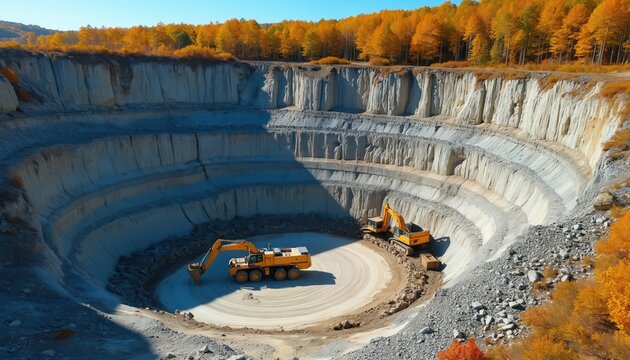 Massive quarry pit with yellow excavators and trucks digging rock. Autumn trees surround the vast industrial site. Heavy machinery works earth creating deep landscape.