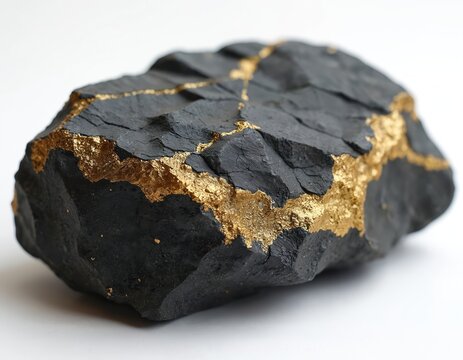 Black shungite stone with gold pyrite streaks. Textured rough mineral sample on white background. Natural rough rock formation detail, geologic element.