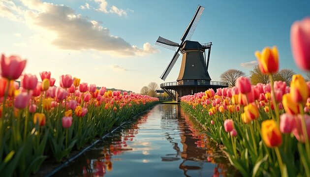 Traditional Dutch windmill stands beside vibrant, colorful tulip fields and water canal. Spring blossoms create a scenic landscape under a clear blue sky with soft clouds.