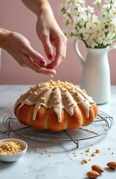 Baker decorates traditional Italian Colomba pascual cake with hazelnut glaze and crushed almonds. Hands sprinkle toppings onto sweet baked dessert, fresh pastry preparation.