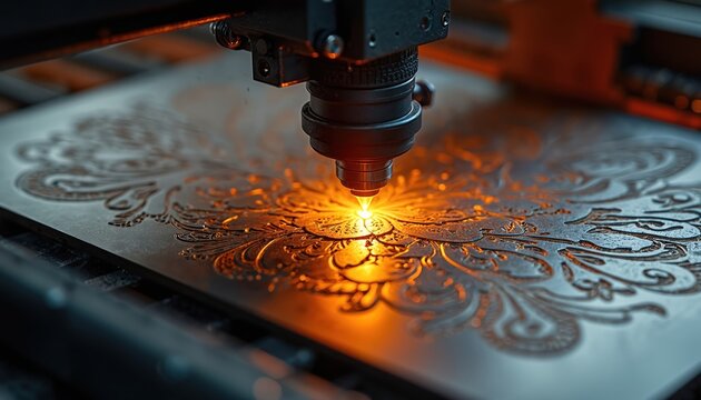 Laser beam engraves intricate pattern onto metal sheet. Precision cutting machine creates detailed artwork on industrial surface. Modern tech fabrication workshop.