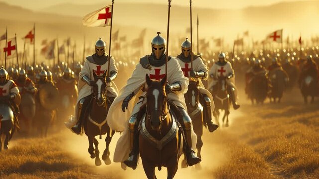 Brave crusaders charge through golden fields at sunrise with banners high