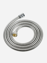 Shower hose is insulated on a white background. The hose is flexible, metal, chrome-plated.