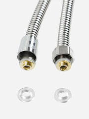 Flexible shower hose close-up. Metallic, chrome-plated, shiny.