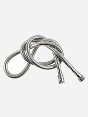 Shower hose is insulated on a white background. The hose is flexible, metal, chrome-plated.