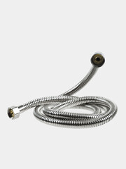 Shower hose is insulated on a white background. The hose is flexible, metal, chrome-plated.