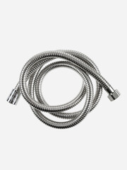 Shower hose is insulated on a white background. The hose is flexible, metal, chrome-plated.