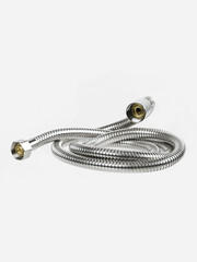 Shower hose is insulated on a white background. The hose is flexible, metal, chrome-plated.