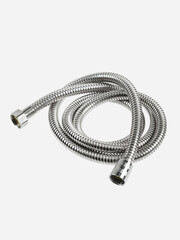 Shower hose is insulated on a white background. The hose is flexible, metal, chrome-plated.