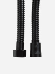 Black shower hose is insulated on a white background. Close-up.