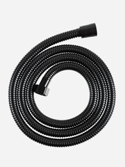Black shower hose is insulated on a white background.