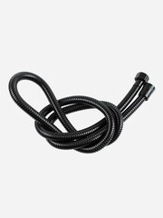 Black shower hose is insulated on a white background.