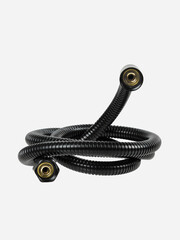 Black shower hose is insulated on a white background.