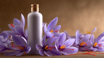 Lavender Bottle Surrounded by Beautiful Saffron Flowers