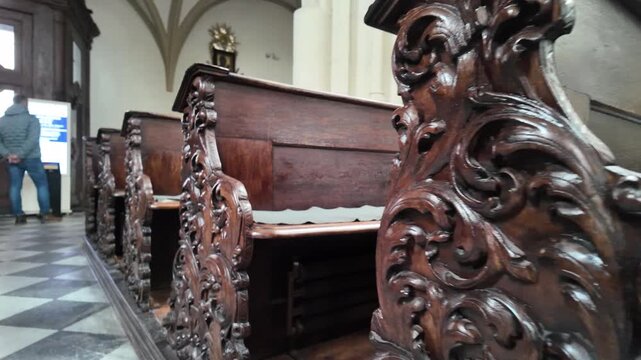 Antique Wooden Pews in a Medieval Church Interior, Slow Motion