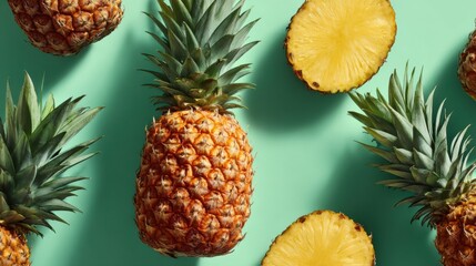 Fresh Pineapples and Sliced Pineapple on Vibrant Background