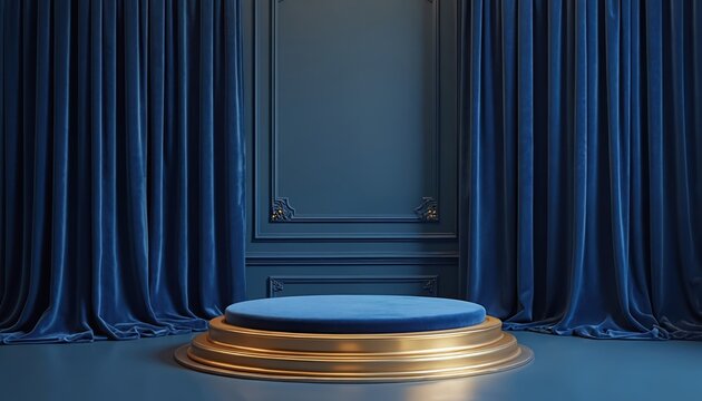 Round blue velvet pedestal sits on gold base in front of dark blue wall with draped curtains. Elegant stage for presentation, award ceremony, or luxury product showcase. Minimalist studio interior.
