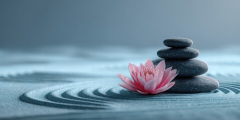 Stacked Stones with Pink Lotus Flower on Zen Sand Surface