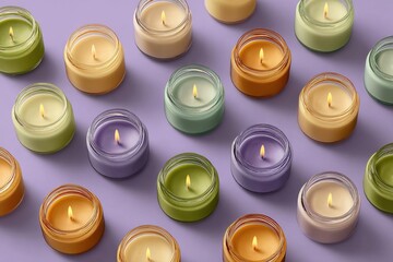 Colorful Scented Candles Arranged on Purple Background