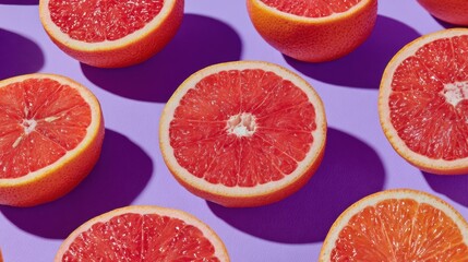 Sliced Grapefruit Halves on Purple Background