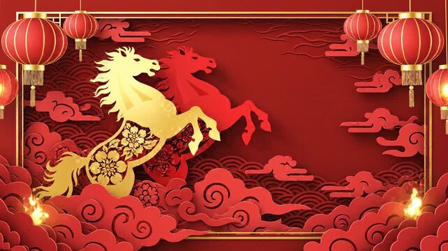Auspicious Lunar New Year Celebration. Golden and red paper-cut horses rearing among clouds and lanterns. Great for holiday greetings or cultural promotions.