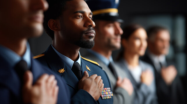 Military officers in uniform displaying service dedication, veterans or active duty personnel showing honor and loyalty, armed forces professionals before symbolic display of patri