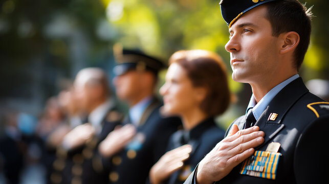 Military officers in uniform displaying service dedication, veterans or active duty personnel showing honor and loyalty, armed forces professionals before symbolic display of patri