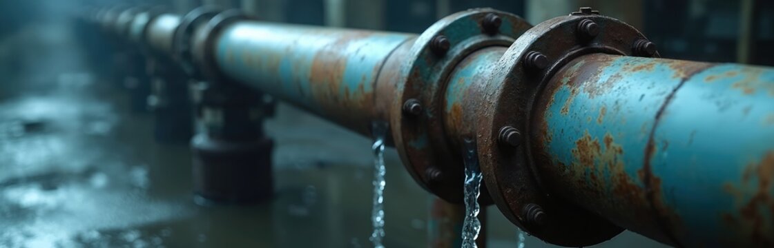 Old rusty water pipe leaks water. Infrastructure needs repair. Prevent fluid loss. Ensure system integrity. Check pipe condition. Water management is vital.