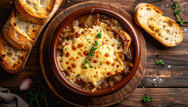 French Onion Soup on White Plate (Soupe &agrave; l&rsquo;oignon gratin&eacute;e) on Rustic Wooden Background  